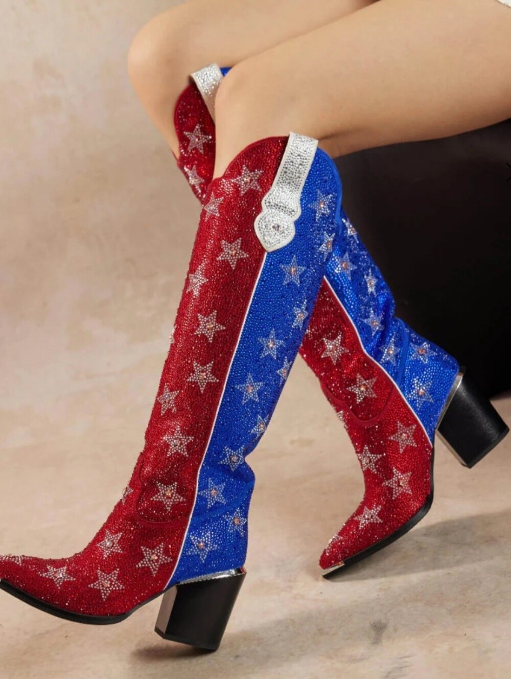 Star-Embellished Red & Blue Over-the-Knee Boots